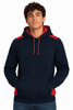 A navy hoodie with red accents, featuring a front pocket and a hood, with a logo present.