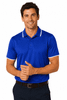 A blue men's polo shirt with white accents, featuring a collar and a branding logo.