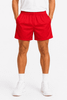 Red rugby men's shorts featuring an elastic waistband and a logo. Suitable for sports and casual wear.