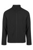 A black soft shell jacket with a zipped front and two side pockets, featuring a logo on the chest.