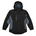 A black and grey jacket featuring a hood, zippered pocket, and a logo on the front.