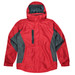 A red and grey jacket featuring a hood, zippered pocket, and adjustable cuffs, with a logo present.