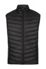 A black insulated work vest with a quilted design and zippered pockets. It features a high collar and a branding logo.