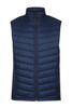 A navy blue padded vest with a high collar and zippered pockets, featuring a logo on the front.