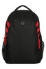 A black backpack with red stripes, featuring a logo and side mesh pockets. Suitable for carrying personal items.