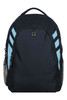 A black backpack with light blue stripes, featuring side mesh pockets and a logo on the front.