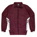 A maroon tracktop with white side panels and a zip-up front. The jacket has a collar and elastic cuffs.