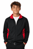 A black tracktop with red accents and a zip-up front, featuring a collar and side stripes.