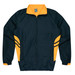 A dark green tracktop with a yellow collar and side stripes, featuring a zip closure and elastic cuffs.