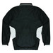 A dark green jumper with white accents, featuring a collar and elastic cuffs, displayed from the back.
