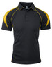 A black polo shirt with yellow accents and a logo on the chest area.