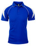 A blue polo shirt with white accents and a logo on the chest.