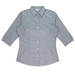 A button-up shirt featuring a grey and white check pattern with 3/4 sleeves and a collar. It has a logo on the label.