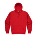 A red hoodie with a front pocket and a snug hood, featuring a logo.