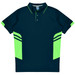 A navy polo shirt with lime green accents and a logo, featuring a classic collar and short sleeves.