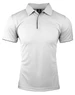 A white polo shirt with a collar and short sleeves, featuring a contrasting black trim and a logo on the collar.