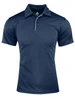 A navy blue polo shirt featuring a classic collar and a subtle white trim, with a logo on the chest.