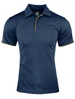 A navy polo shirt with yellow piping, featuring a collar and a logo on the neck.
