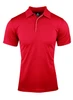 A red polo shirt with a collared neck and short sleeves, featuring a logo on the chest.