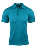 A turquoise men's polo shirt with a collared neck and short sleeves, featuring a logo.