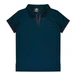 A dark navy polo shirt with a short collar and red trim, featuring a branding logo.