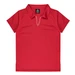 A red polo shirt with a v-neck design, featuring a collar and a logo on the label.