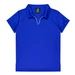 A blue polo shirt featuring a collar and a logo on the label, designed for women's wear.