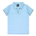 Light blue polo shirt with a collar and contrasting black detailing, featuring a logo.