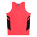A bright pink singlet with black panels and stripes, featuring a logo on the neckline.