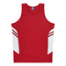 A red singlet with white detailing on the sides and a logo on the neckline.