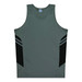 A grey singlet with black side panels and stripes, featuring a branding logo.