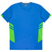 A blue T-shirt with green accents and a logo, designed for kids. Suitable for casual wear or active play.