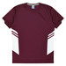 A maroon T-shirt with white panels and a logo. Suitable for kids, featuring a sporty design.