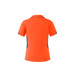 An orange polo shirt with black side accents, featuring a collar and short sleeves. It has a logo on the front.