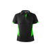 A black polo shirt with bright green accents and a logo, featuring a classic collar and button placket.
