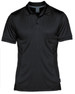 A black polo shirt featuring a collar and short sleeves, with a logo on the front.