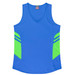 A blue singlet with green accents and a logo, featuring a V-neck design and athletic styling.