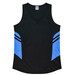 A black singlet with blue accents, featuring a v-neck design and a logo on the label.