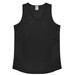 A black women's singlet featuring a V-neck design and side panels, along with a logo.
