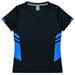A black women's t-shirt with blue accents and a V-neck design, featuring brand logos.