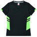 A black T-shirt with bright green accents and stripes, featuring a V-neck design and a logo.