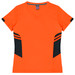 An orange V-neck T-shirt with black side panels and stripes. It features a logo on the label.