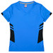A blue women's t-shirt featuring black side panels and a v-neck design. The shirt includes a logo.