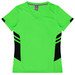 A vibrant green women's t-shirt with black side accents and a V-neck design. Features a branding logo.