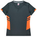 A dark green women's t-shirt with orange side accents and a v-neck design. It features branding on the label.