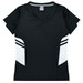 A black women's t-shirt featuring white side panels and a v-neck design, with a logo on the chest area.