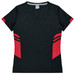 A black and red women's t-shirt with a v-neck and side stripes, featuring a logo.