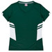 A green and white women's t-shirt featuring a v-neck and contrasting side panels, with a logo visible.