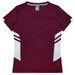 A maroon women's T-shirt featuring white side stripes and a V-neck design. It includes a logo.