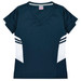 A navy T-shirt with white panels and stripes on the sides, featuring a V-neck design and a logo.